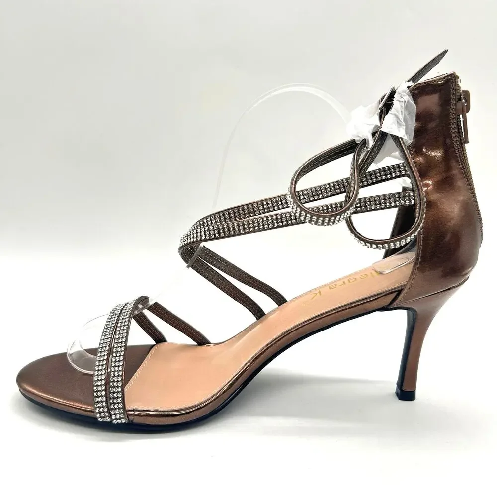 Allegra K Sandals Womens‎ 11 Bronze Strappy High Heel Rhinestone Detail NEW